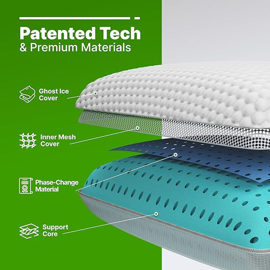 GhostBed Memory Foam Pillow - Memory Foam Pillow with Aerated Ergonomic Design - Patented Cooling Layer & Ghost Ice Cover - Medium Firm for Stomach Back or Side Sleepers