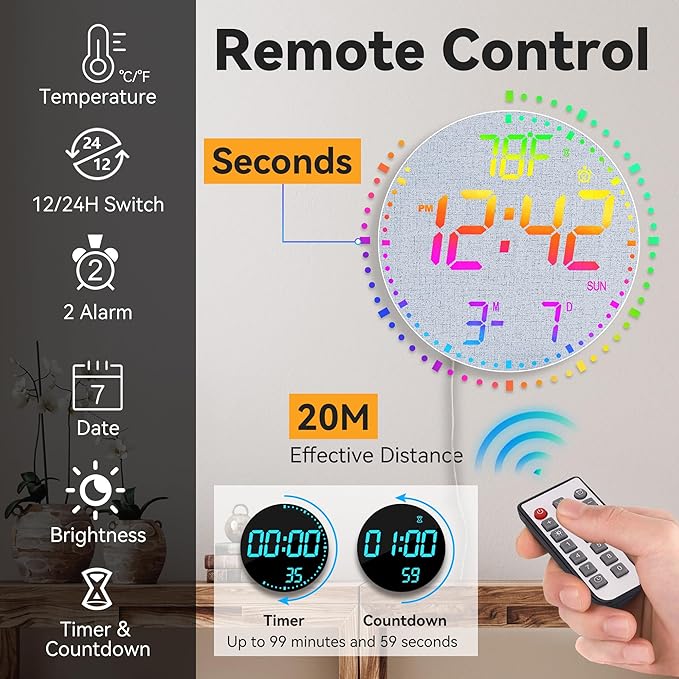 Kasbin 12 Inch Large Digital Wall Clock with Remote Control,RGB Color,Timer Date Temperature Display,Modern Clock for Living Room Bedroom Decor, Gift for Elderly (Grayish, 12")