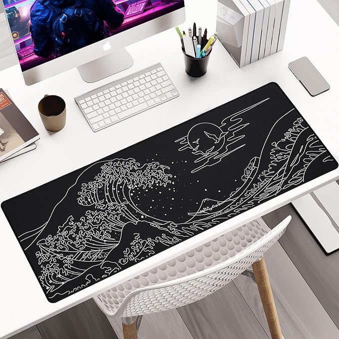 ALOANES Waterproof Mouse Pad, XL Gaming Keyboard Pad with Anti-Slip Base, Grain Jacquard Surface, Extend Desk pad for Gamer, Office & Home, Sea Wave Mousepad 31.5''x 11.8''x 0.12''