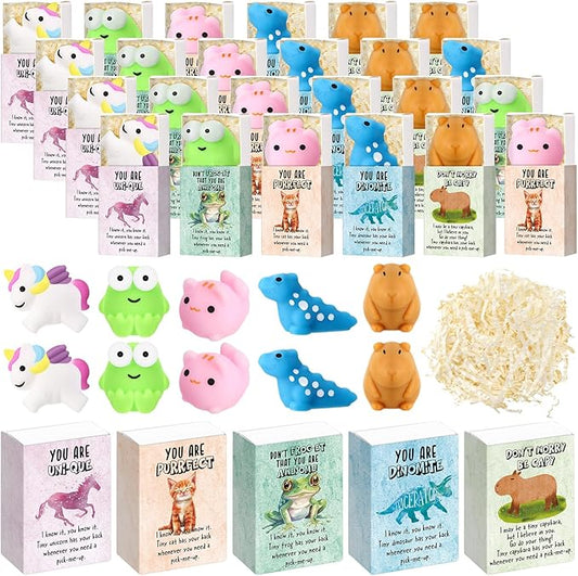 Wettarn 25 Sets Appreciation Gifts Cute Animal Stress Balls with Support Gift Boxes Inspirational Party Favors for Employee Coworker Friends Office Positive Relief Toys