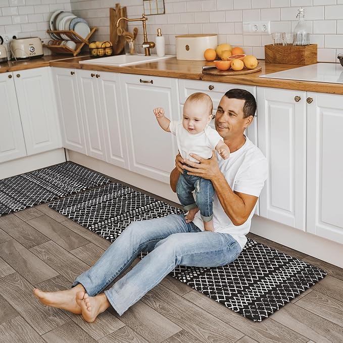 KIMODE Kitchen Mats Cushioned Anti Fatigue, Black Farmhouse Kitchen Rugs Sets of 2, Padded Kitchen Floor Mats, Non Slip Standing Mats for Sink Laundry Office Desk 17"x59"+17"x29"