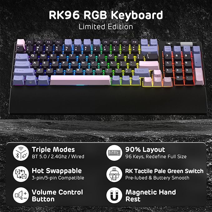 RK ROYAL KLUDGE RK96 RGB Limited Ed, 90% 96 Keys Wireless 3-Mode BT5.0/2.4G/USB-C Hot Swappable Mechanical Keyboard w/Wrist Rest, Volume Control, Software, Massive Battery, RK Pale Green Switch