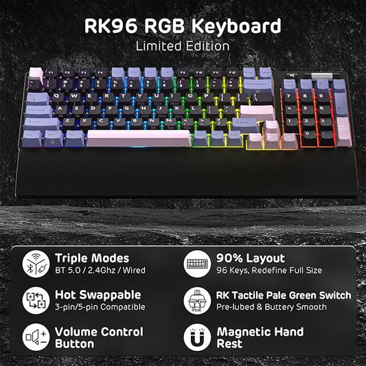 RK ROYAL KLUDGE RK96 RGB Limited Ed, 90% 96 Keys Wireless 3-Mode BT5.0/2.4G/USB-C Hot Swappable Mechanical Keyboard w/Wrist Rest, Volume Control, Software, Massive Battery, RK Pale Green Switch