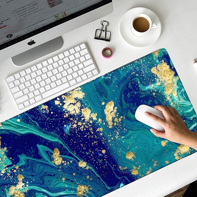 iCasso Extended Gaming Mouse Pad (35.4x15.7 in), Large Non-Slip Rubber Base Mousepad with Stitched Edges, Waterproof Keyboard Mouse Mat Desk Pad for Work, Game, Office, Home - Blue Marble - XXL