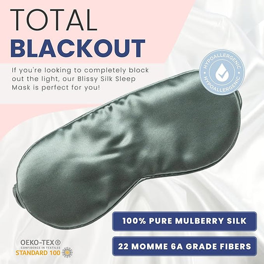 BLISSY Silk Sleep Mask - Mulberry Silk 22 Momme 6A Fibers - Complete Blackout - Hypoallergenic - Pull On - Matcha