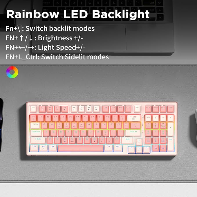 HUO JI 96% Wireless Mechanical Keyboard, Hot Swappable, Pre-lubed Blue Switches, Gasket Structure, Bluetooth/2.4GHz/USB-C, Led Backlit Sidelit, Custom Gaming Keyboard for PC (Pink)