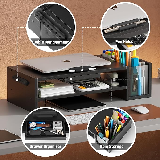 Adjustable Wood Laptop Stand, Ergonomic Height & Angle Stand with Pen Holder – Compatible with MacBook Air/Pro, Dell, HP, Lenovo & 10-17.3" Laptops – Black