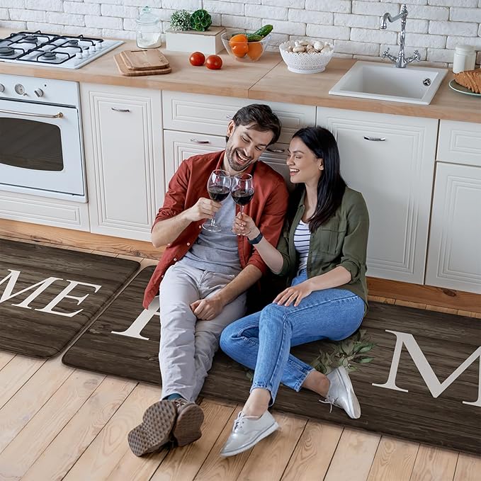 KIMODE Anti Fatigue Kitchen Mats for Floor 2 Piece, Farmhouse Kitchen Rugs Non Slip, Cushioned Kitchen Floor Mats, Memory Foam Kitchen Mat for Sink, Laundry, Office, Desk Brown 20"x47"+20"x32"