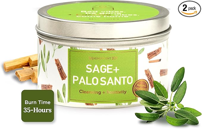 MAGNIFICENT 101 Sage & Palo Santo Aromatherapy Candle - 6 Oz White Soy Wax - 35-Hour Burn & Energy Cleansing - Manifestation & Meditation Accessories - Spiritual Decor & Gifts for Women