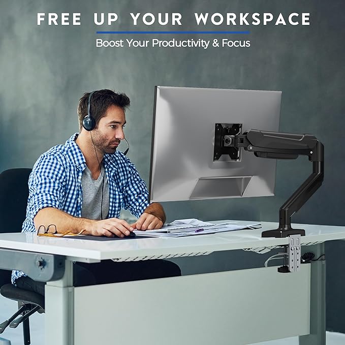 BONTEC Monitor Arm Desk Mount, Gas Spring Monitor Stand, Adjustable Full Motion VESA with C Clamp & Grommet Base, Supports 6.6-19.8lbs LCD/LED Tilt, Swivel, Rotation (Single Arm, 15-32 Inch)