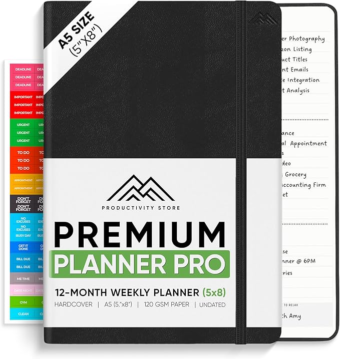 PRODUCTIVITY STORE Pro - Undated, 2025 Planner, 5.8” x 8.3” - The #1 Productivity Planner to Achieve Your 2025 Goals - Planner 2025-2026 - Black - A5