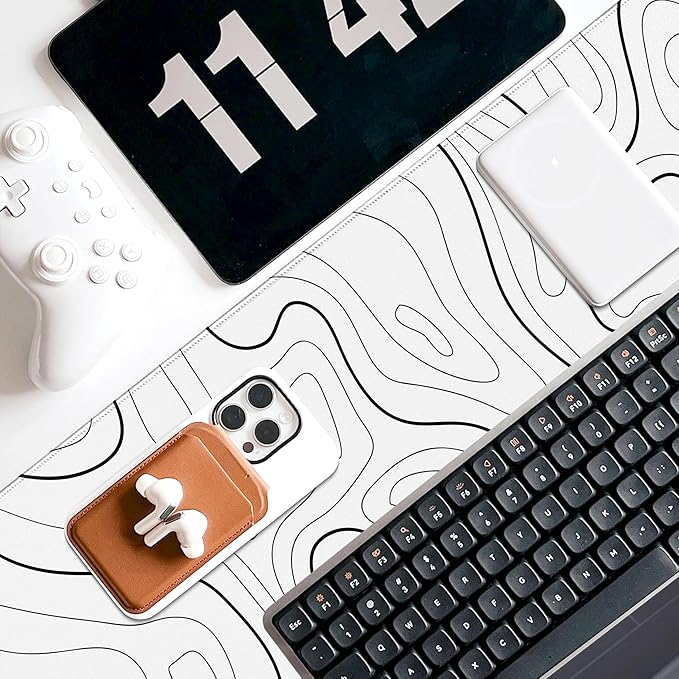 White Minimalist Topographic Map Mouse Pad - Contour Extended Large Stitch Edge Mousepad Black & White Non-Slip Gaming Desk Mat 31.5x11.8inch