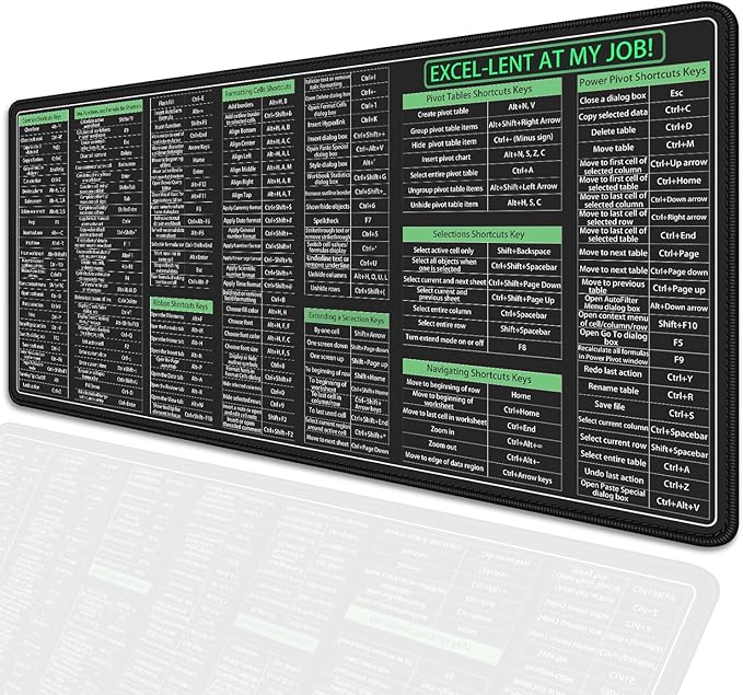 Large Extended Excel Shortcuts Mouse Pad Desk Pad,Excel Software Excel Shortcuts Mouse Mat,Stitched Edges Non-Slip Waterproof Rubber Base Mousepad for Office Desk Mat(27.5X11.8 in)