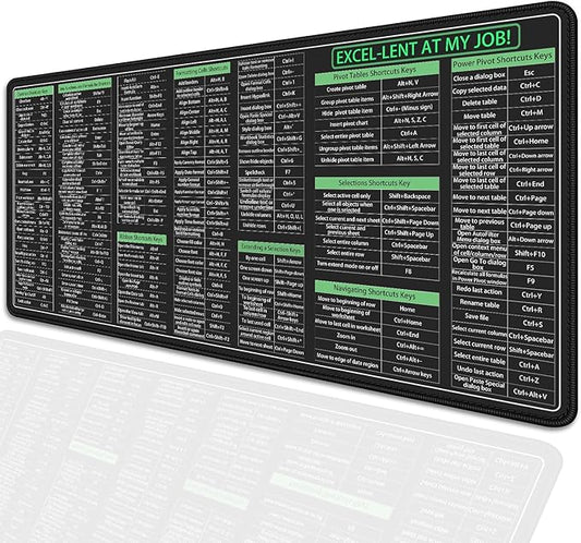 Large Extended Excel Shortcuts Mouse Pad Desk Pad,Excel Software Excel Shortcuts Mouse Mat,Stitched Edges Non-Slip Waterproof Rubber Base Mousepad for Office Desk Mat(27.5X11.8 in)