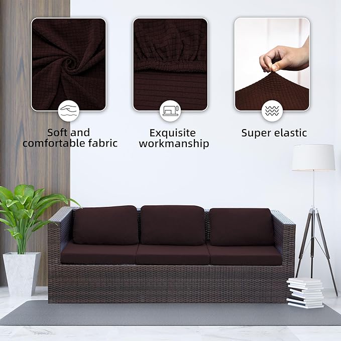 8Pcs Stretch Patio Cushion Cover Outdoor Cushion Cover Slipcovers Couch Cover Waterproof Replacement Sofa Cushion Covers Thick Jacquard Textured Twill Fabric Porch Patio Furniture Protector（Coffee）