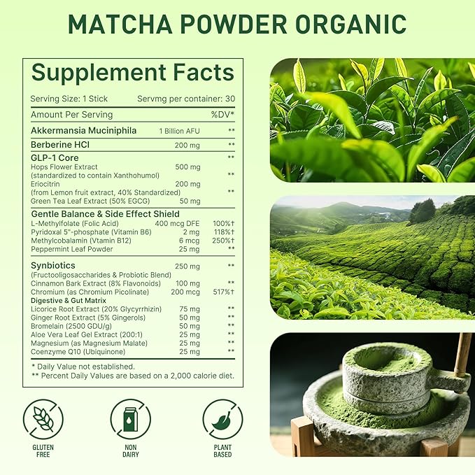 Organic Ceremonial Grade Matcha Powder：Superfood Vegan Supplement On-The-Go Green Tea Plant Based Digestive Enzymes & Energy Support with Akkermansia Probiotic Supports Radiant Skin 30 Stick Packs