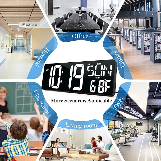 Large Digital Wall Clock with Remote Control 17.2" LED Large Display Timer with Temperature Date Week Auto DST Adjustable Brightness, Big Wall Alarm Clock for Living Room Office Garage Gym Seniors