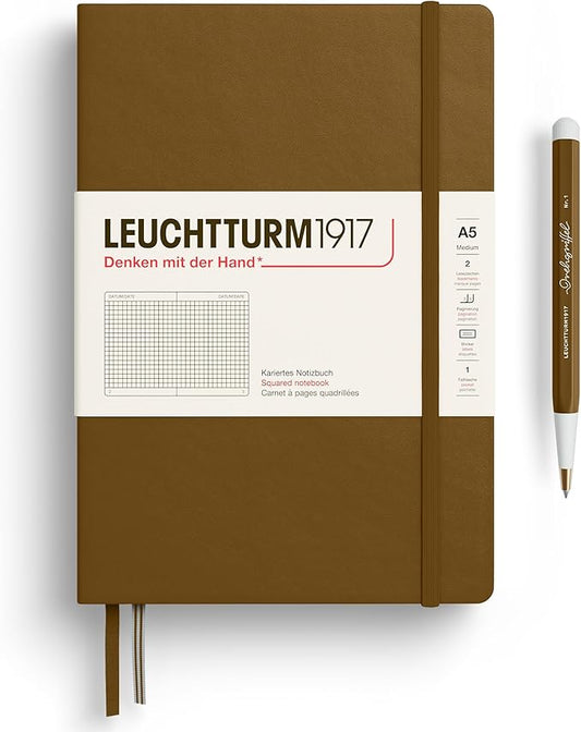 LEUCHTTURM1917 - Notebook Hardcover Medium A5-251 Numbered Pages for Writing and Journaling - Thinking Ahead (Squared Paper, Spice Brown)