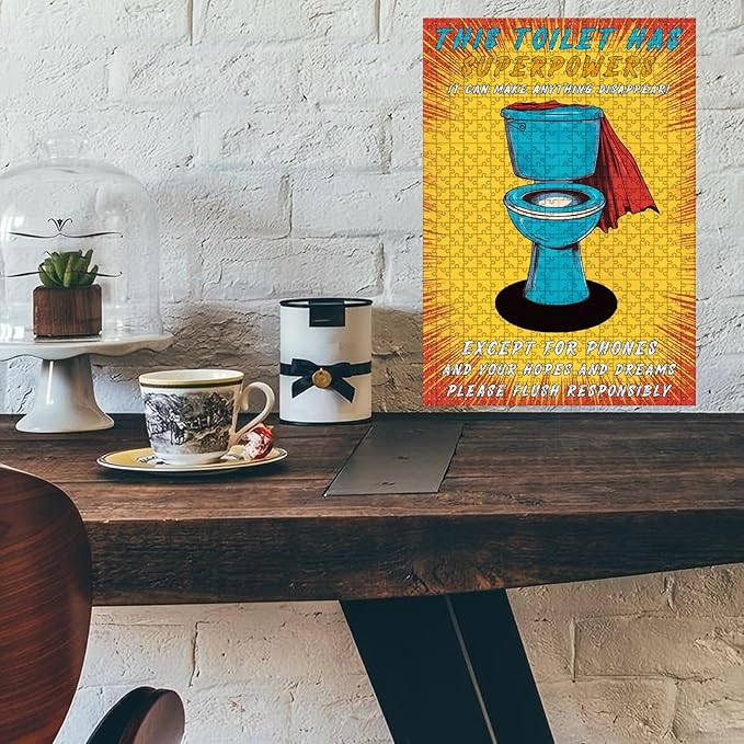 1000 Piece Wooden Jigsaw Puzzle Toilet Superpowers for Adults Kids Challenging Educational Game Stress Relief Time Killing Focus Tool for Home Bar Decor & Friends Gatherings 29.5x19.7 Inch