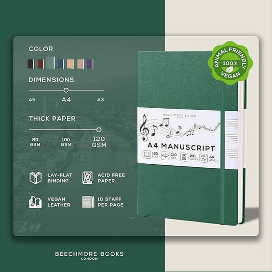 BEECHMORE BOOKS Blank Sheet Music Notebook – A4 8.5x11.5 for Songwriters, Musicians & Composers, 156 Thick 120gsm Pages, 10-Staff Perforated Sheets, Vegan Leather Hardcover, Elastic Closure, Gift Box