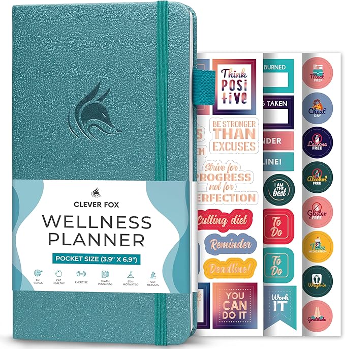 Clever Fox Wellness Planner - Weekly & Daily Health and Wellness Log, Food Journal & Meal Planner Diary for Calorie Counting, Notebook for Medical Condition Tracking – Pocket size (Aquamarine)