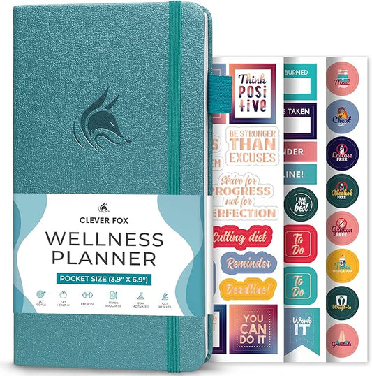 Clever Fox Wellness Planner - Weekly & Daily Health and Wellness Log, Food Journal & Meal Planner Diary for Calorie Counting, Notebook for Medical Condition Tracking – Pocket size (Aquamarine)