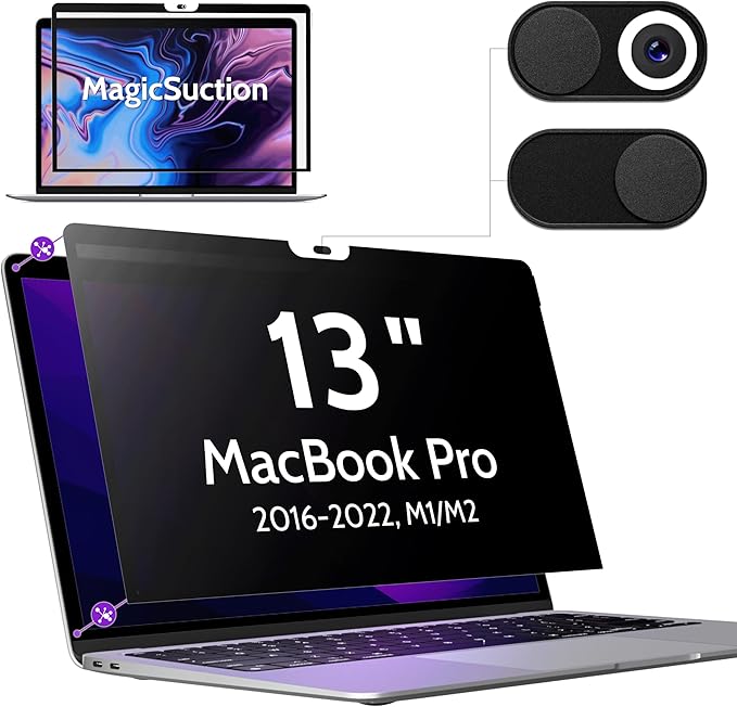 Privacy Screen for MacBook Pro 13 In (2016-2022, M1, M2) & MacBook Air 13 Inch (2018-2021, M1), MagicSuction™ Removable Anti Spy Black Protector, Glare Blue Light Filter for Mac Laptop Computer