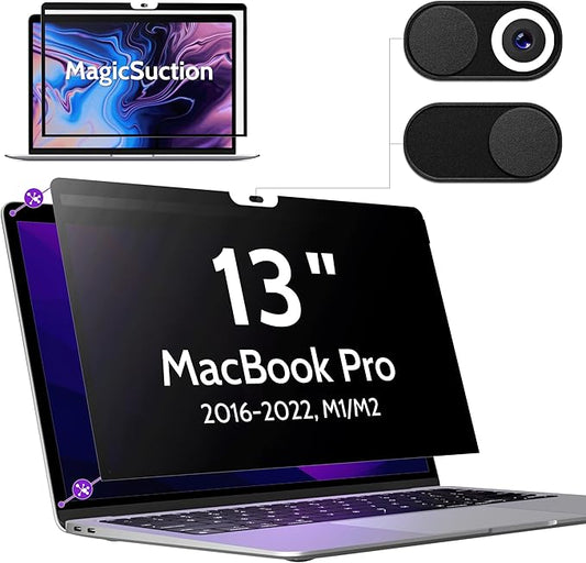 Privacy Screen for MacBook Pro 13 In (2016-2022, M1, M2) & MacBook Air 13 Inch (2018-2021, M1), MagicSuction™ Removable Anti Spy Black Protector, Glare Blue Light Filter for Mac Laptop Computer