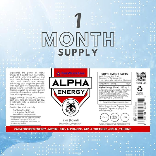 FWS Alpha GPC Energy, Liquid Alpha GPC with L-Theanine and B12, Caffeine Free, Organic, Non-GMO, Fast Acting Nootropic Brain Supplement for Memory Focus Energy, Supports Healthy Brain Function