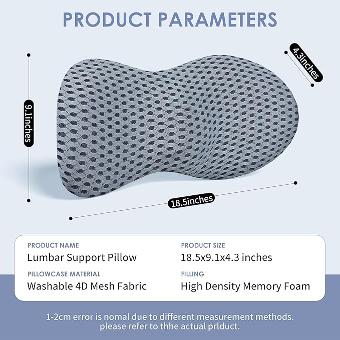 Lumbar Support Pillow, Back Pillow for Low Back Pain Relief, Ergonomic Streamline Car Seat, Office Chair, Recliner and Bed (Gray)