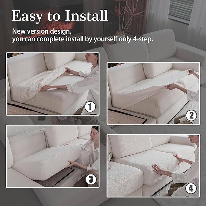 Couch Cushion Covers for Sectional Sofa, Stretch Soft Sofa Slipcovers Washable Wear-Resistant Universal Furniture Protector for Living Room(2 Seaters Covers+1 Chaise Cover, Ivory)
