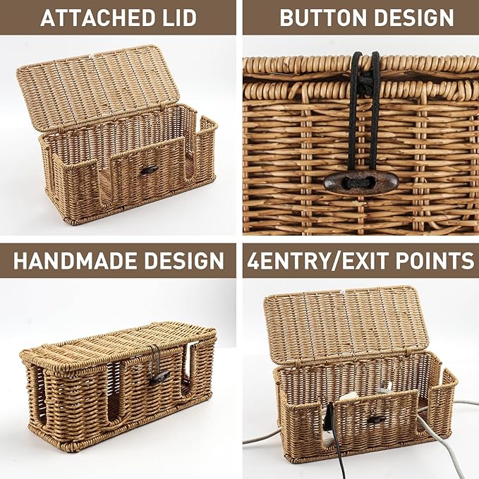 2 Pack Rattan Cable Management Box, Large Cord Organizer Box with Lid Under Desk Router Hider Storage Box with 4 Exits, Wire Box Hider for TV Wires Computer Surge Protector USB Hub Power Strip