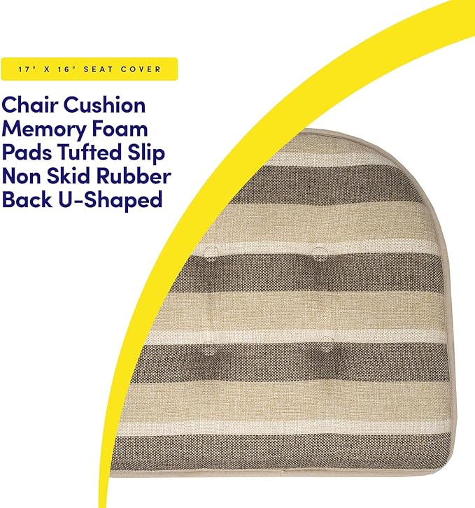 Sweet Home Collection Chair Cushion Memory Foam Pads Tufted Slip Non Skid Rubber Back U-Shaped 17" x 16" Seat Cover, 2 Count (Pack of 1), Bradford Beige/Brown