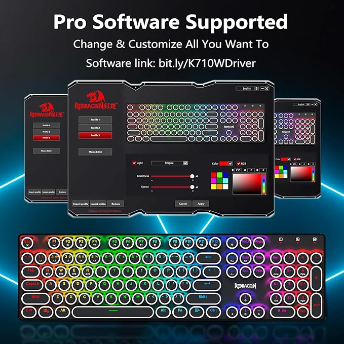 Redragon Typewriter Keyboard Wireless, Mechanical Gaming Keyboard, Bluetooth/2.4Ghz/Wired, RGB Backlit, Rechargeable, Blue Switch - Clicky, Metal Panel, Round Keycaps, Black