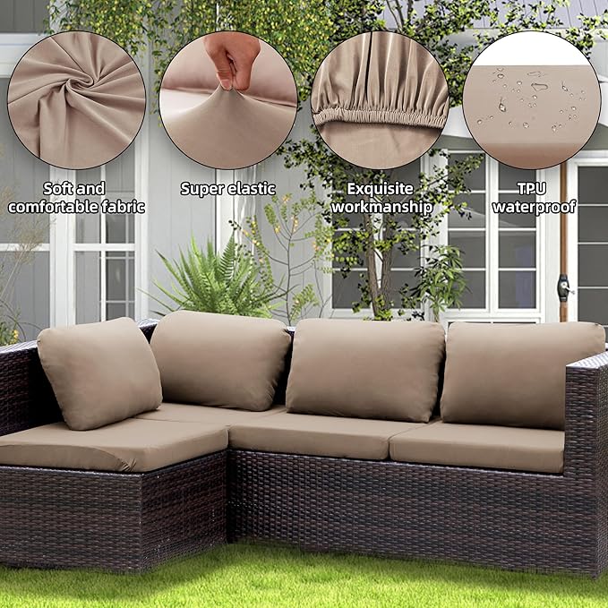 8Pcs Stretch Patio Cushion Covers Waterproof Outdoor Cushion Covers, Outdoor Couch Covers Patio Couch Cover Slipcovers Polyester Fiber (Cover Only)（Khaki）