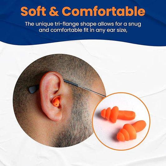 100 Pairs of Orange Reusable Ear Plugs - Individually Wrapped, Providing Ear Protection & Noise Reduction up to 25dB NRR - Bulk Silicone Ear Buds for Motorcycle, Gun Range, Shooting, Sleeping, Work