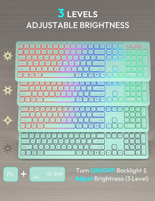 Wireless Keyboard and Mouse Combo - RGB Backlit, Rechargeable & Light Up Letters, Full-Size, Ergonomic Tilt Angle, Sleep Mode, 2.4GHz Quiet Keyboard Mouse for Mac, Windows, Laptop, PC, Mint Green