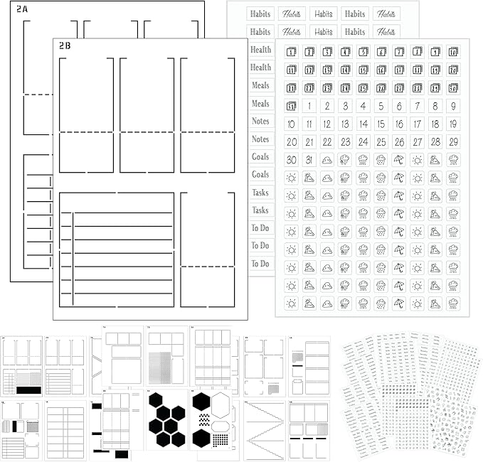 Weekly Planner Layout Journaling Supplies Kit (32 pcs) - 18 Weekly Layout A5 Planner Stencils and 14 Sheets Minimalist Planner Stickers, Planner Accessories Compatible with A5 Bullet Journals