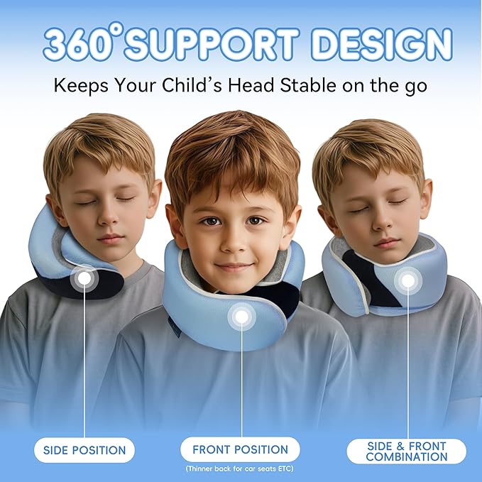 Proglobe Junior Kids Travel Neck Pillow - Ergonomic Memory Foam Pillow for Airplane, Car, Booster Seat - Soft, Washable, Compact Travel Pillow with Strap - Light Blue - Ages 4–13