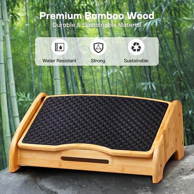 HUANUO Bamboo Under Desk Footrest, Ergonomic Foot Rest with 4 Height Options & Adjustable Angles, Pebble Massage Surface, Non-Slip Foot Rest for Under Desk at Work for Improved Posture, Home & Office