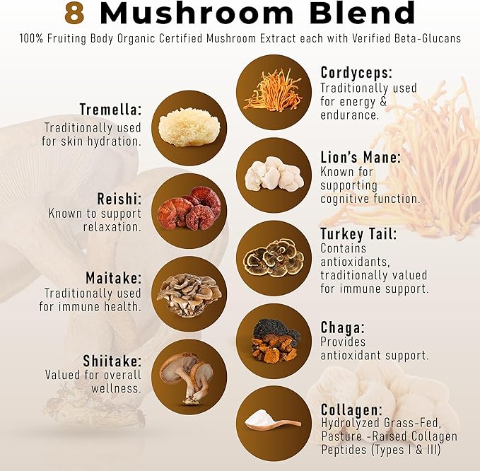 Organic Mushroom Coffee Certified Mold & Mycotoxin Free GrassFed Collagen Types I & III 8 Fruiting Body Mushrooms Tested for BetaGlucans Focus Energy Digestion & Immunity 15 Servings
