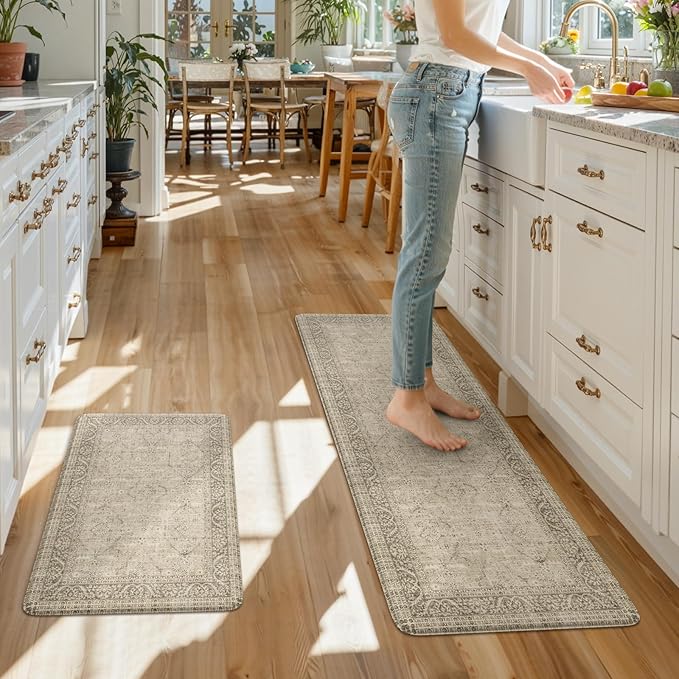 KIMODE Farmhouse Anti Fatigue Kitchen Mat,Vintage Brown Kitchen Rugs Sets of 2,Non Slip Waterproof Kitchen Floor Mats,Ergonomic Cushioned Comfort Standing Mat for Laundry,Office, Sink,Desk
