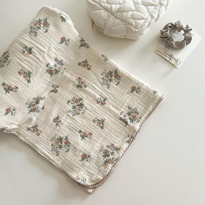 BuLuTu Cotton Muslin Toddler Blanket for Kids Girls Boys, Soft Lightweight Baby Quilts 2 Layers Large Muslin Crib Blanket Floral Toddler Quilted Blankets, All Seasons, 47"x51"