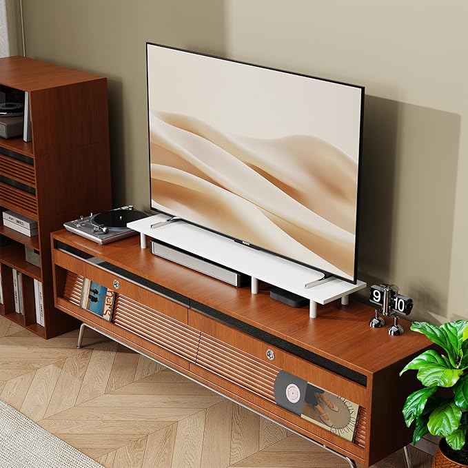 Large Dual Monitor Stand Riser 43.3IN，White Home Office Storage For Desk Accessories，Solid Wod Desk With Adjustable Legs For computer/PC/Laptop/Printer/Container/dressing table