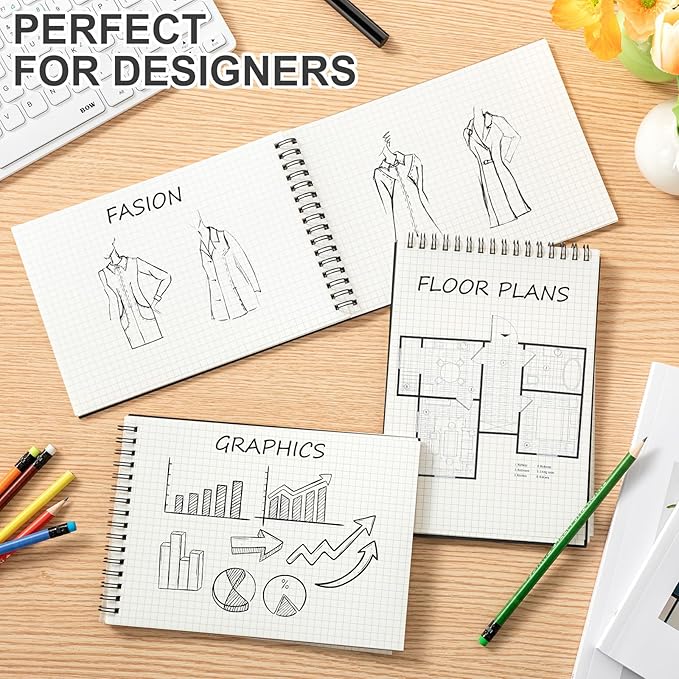 4 Pack Graph Paper Spiral Notepad A5 Top Wirebound Notepad Grid Notebook Steno Pads Memo Notebook Grid Paper 140 Pages for Writing Sketching Drawing Office Supplies (Black)