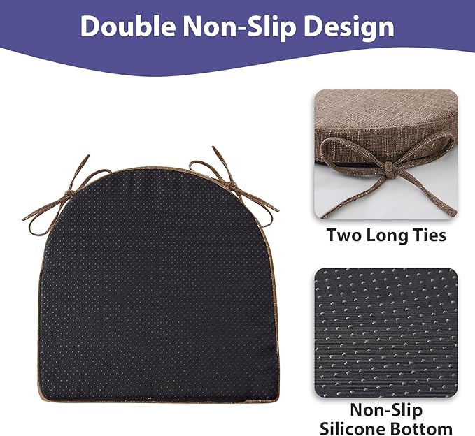 Chair Cushions for Dining Chairs with Ties and Removable Cover, Dining Kitchen Chair Pads with Non-Slip Bottom, High-Resilience Indoor Seat Cushions, 16'' x 16'' x 2'', Set of 6, Brown