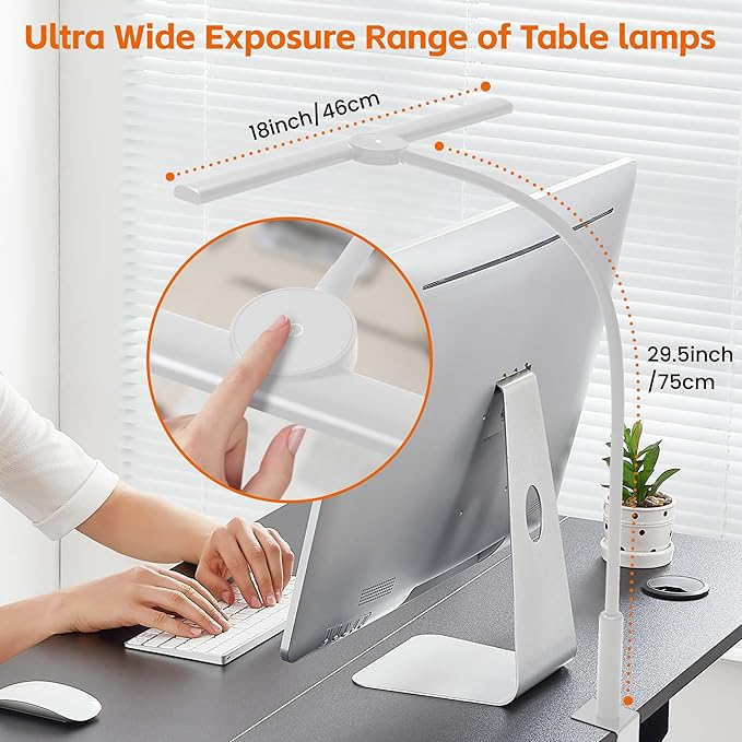 LED Desk Lamp with Clamp, Eye-Caring Adjustable Brightness, 3 Lighting Modes, Touch & Remote Control Clip Light for Home Office, Study, Computer Work, Reading, Puzzle, Task (White)