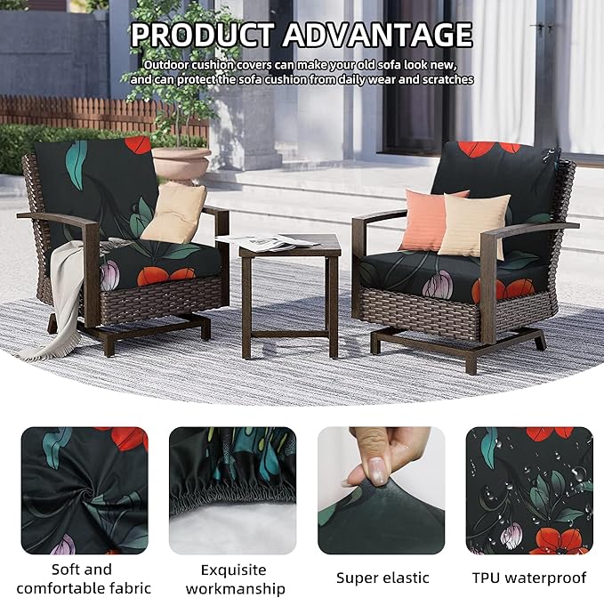 8Pcs Outdoor Cushions Covers Waterproof, Patio Cushion Covers, Stretch Cushion Covers Replacement,Cushion Slipcovers, Furniture Cushion Covers (Peony, 8PCS-Print)
