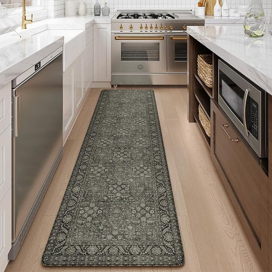 KIMODE Anti Fatigue Kitchen Mats for Floor, 20"x71" Boho Oriental Kitchen Rug, Non Slip Waterproof Kitchen Floor Mats, Memory Foam Kitchen Mat for Sink Laundry Office Desk Green/Grey