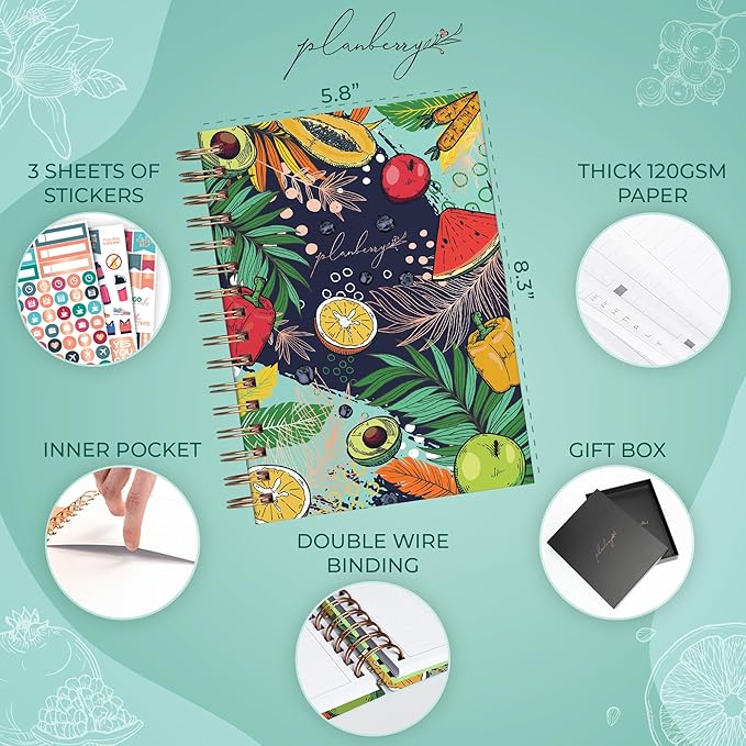 PLANBERRY Food Journal Premium – Nutrition Planner – Diet & Calorie Tracker – Meal & Exercise Diary – Weight Loss Journal (Summer Smoothie)